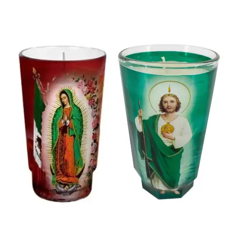 Veladoras Michelada, Virgen Apariciones, San Judas Blanca, San Judas Verde, Virgen Guadalupe Blanca, Virgen de Guadalupe Verde, San Martin Caballero, Angel de la Guardia, Santa Muerte Blanca, Santa Muerte Negra, Virgen Sagrado Corazon, Sagrado Corazon